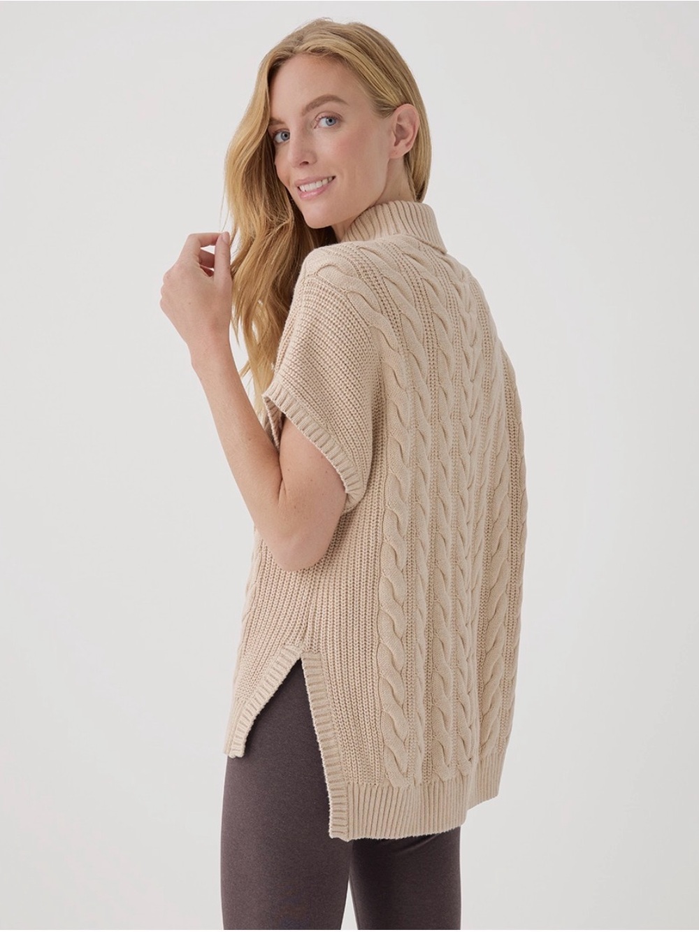 Pact Organic Cotton Chunky Cable Knit Oversized Poncho M/L Coastal Grandma Cozy